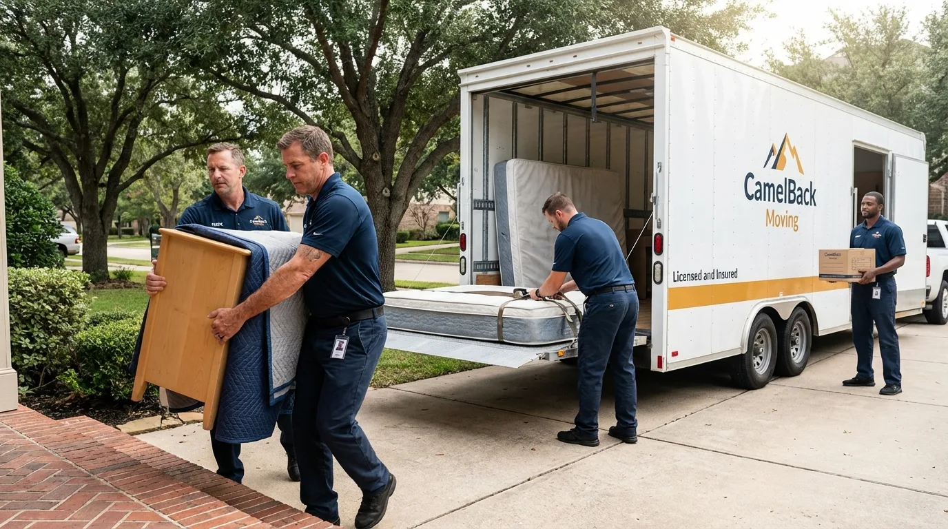 Crew loading residential truck for cross-state move from Lake Park, IA