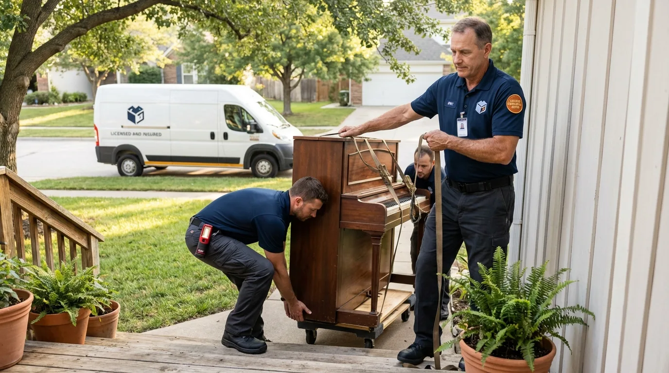 Licensed piano movers securing grand piano in Lake Park, IA