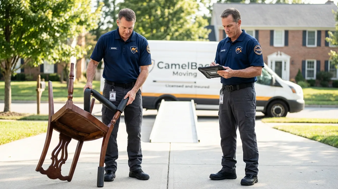 Movers inspecting furniture for damage prevention before loading in Lake Park, IA