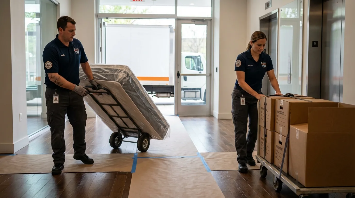 Professional apartment movers loading elevator in Lake Park, IA