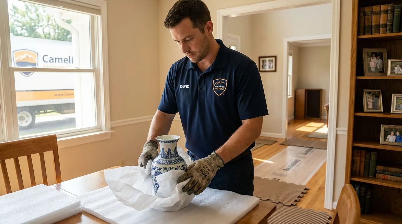 Professional crew carefully wrapping antique vase for senior downsizing move in Lake Park, IA