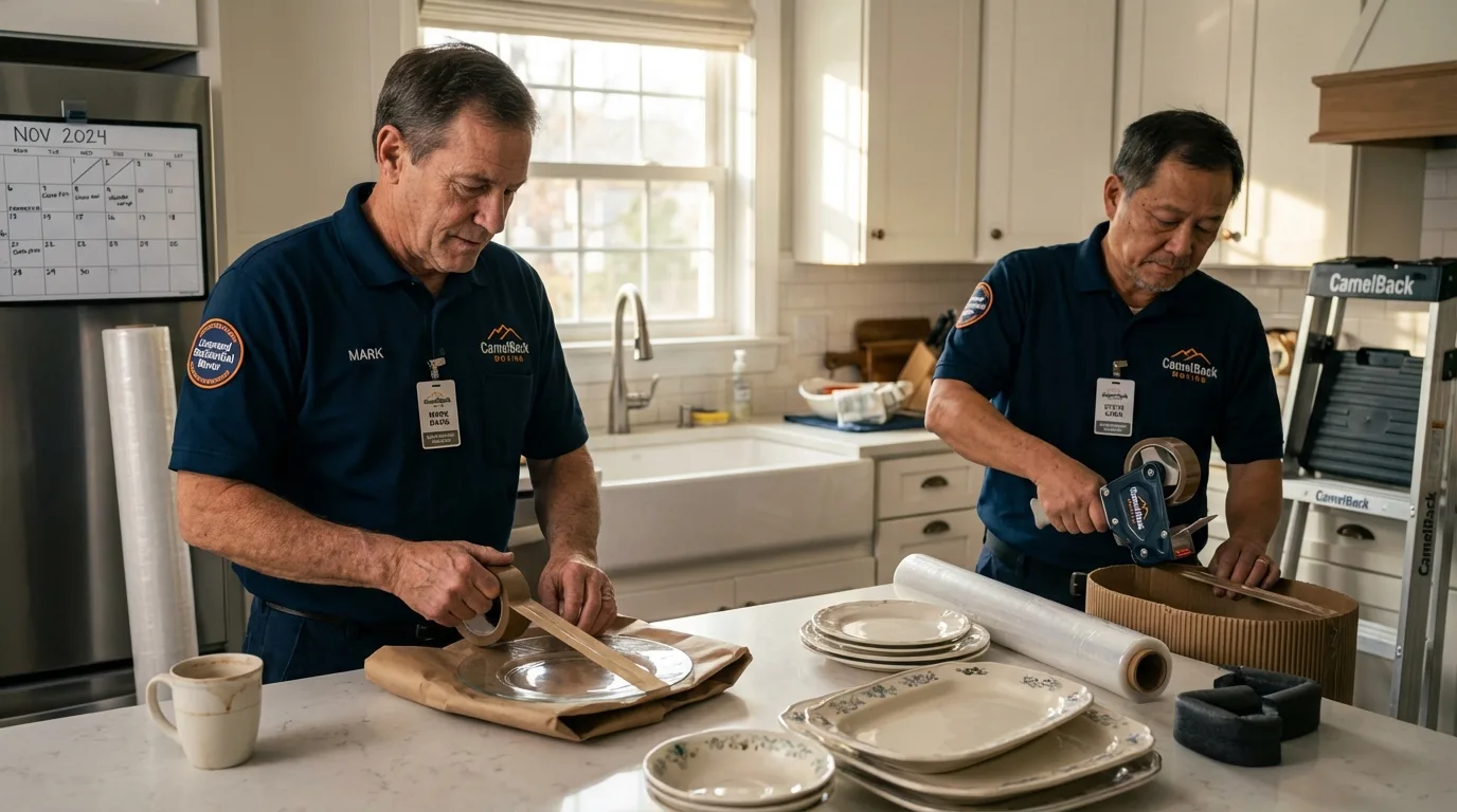 Professional crew packing kitchen dishware in Lake Park, IA